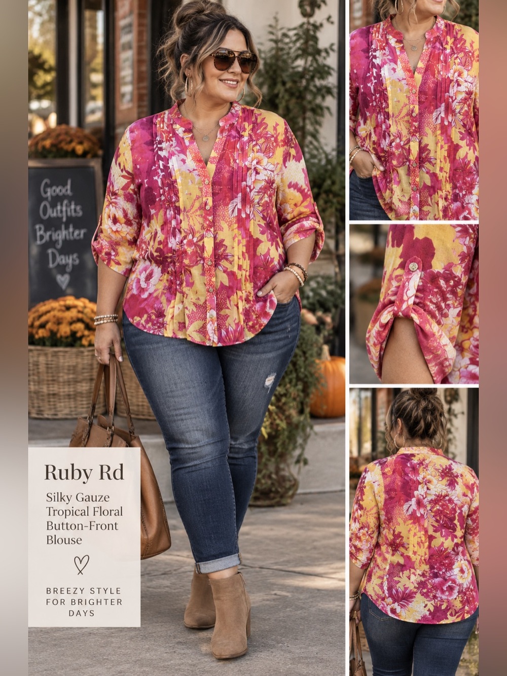 RUBY RD Silky Gauze Tropical Floral Button Front Blouse EUC